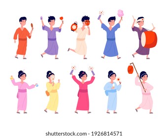 Japanese summer festival. Kid in yukata, smile asian children with celebration elements. Cartoon girl hold sweets, kids wear kimono utter vector set