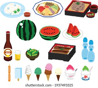 Japanese summer foods set. It includes Japanese cold ramen "Hiyashi Chuka"and "Somen" and "Soba", "unagi bowl", watermelon, icecream, Soy beans called "edamame" and beer.  Text means "ice".