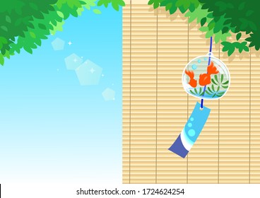 Japanese summer greeting card /Goldfish pattern wind chimes and blinds background/Vector Illustration