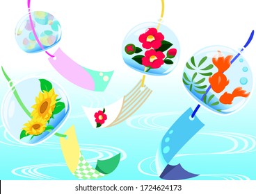 Japanese summer greeting card / wind chimes (camellia, sunflower, polka dots, goldfish)/Vector Illustration