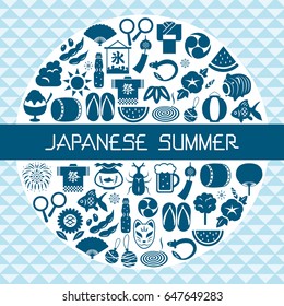 Japanese summer icon round shaped.
"Festival" and "ice" are written in Japanese.