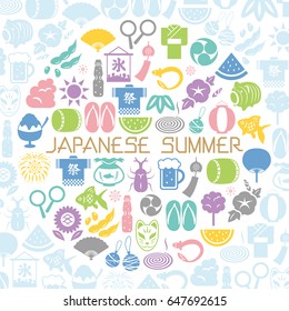 Japanese summer icon round shaped.
"Festival" and "ice" are written in Japanese.