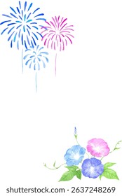 Japanese summer postcard of fireworks and Morning glory painted in watercolor