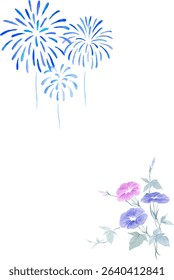 Cartão-postal japonês de verão de fogos de artifício e glória da manhã pintada em aquarela