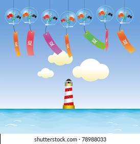 japanese summer sea with lighthouse vector graphic