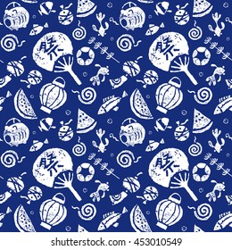 Japanese summer seamless pattern, paper fan, goldfish, watermelon, wind chime and mosquito coil / translation of Japanese 