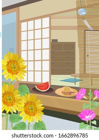 Japanese summer. Sunflower, morning glory, watermelon, straw hat.
Cartoon. 