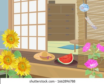 Japanese summer. Sunflower, morning glory, watermelon, straw hat. 