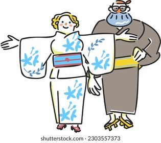 Japanese summer traditions A foreign tourist couple wearing a yukata Inbound illustration material

