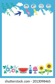 Japanese Summer Vector Frame Illustration. In Japanese, It Is Written As 