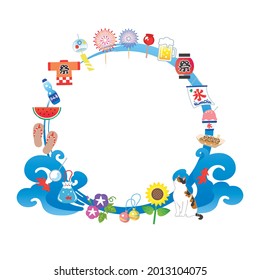 Japanese summer vector frame illustration.In Japanese it is written  "festival ", "Ramune",and "ice".