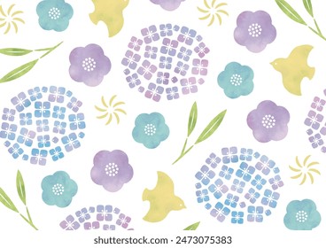Japanese summer watercolor of hydrangea and birds