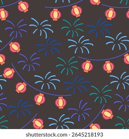 Japanese summertime festival pattern in doodle style. Ornament for decor postcard design print poster background wallpaper wrapping packaging textile banner backdrop