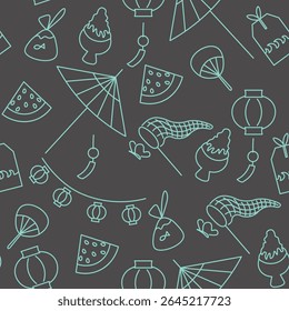 Japanese summertime linear elements pattern in doodle style. Ornament for decor postcard design print poster background wallpaper wrapping packaging textile banner backdrop