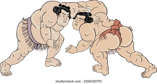 Japanese sumo match, isolated on the white background 