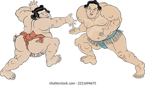 Japanese sumo match, isolated on the white background 