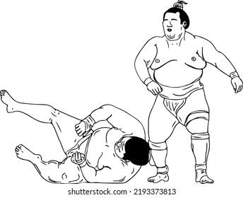 Japanese Sumo Wrestler Fighting Doodle Cartoon Drawings, Sumo Wrestler In Funny Pose Sketch Drawing, Sumo Wrestler Lifting A Sumo Kid Player