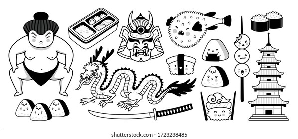 Japanese sumo wrestler, samurai mask, fugu fish, dragon, pagoda and sushi. Traditional symbols. Graphic outline illustrations for coloring book.