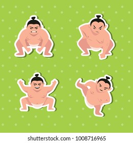 japanese Sumo wrestler stamp on the ring. cartoon character set.