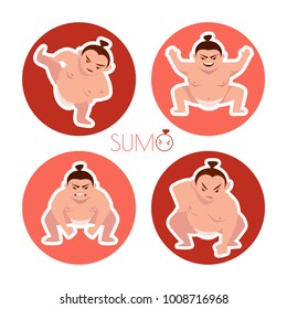 japanese Sumo wrestler stamp on the ring. cartoon character set.