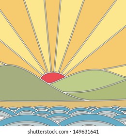 Japanese sun rising in tile pattern style