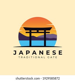 japanese sunset torii gate icon logo vector illustration design