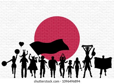 Japanese supporter silhouette in front of brick wall with Japan flag. All the objects, silhouettes and the brick wall are in different layers. 