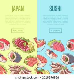 Japanese sushi advertising with famous asian dishes. Oriental delicious food menu vector illustration. Octopus, oysters, tuna, nigiri, sushi roll with shrimps, sashimi with salmon, soup with seafoods.