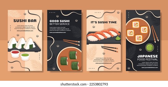 Japanese Sushi or Asian Food Social Media Stories Flat Cartoon Hand Drawn Templates Illustration