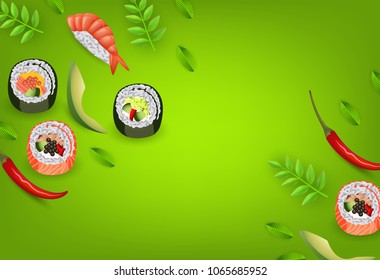 Japanese sushi banner with rolls, ebi nigiri, avocado and chili pepper isolated on gradient green background with copy space - asian traditional restaurant concept design. Vector illustration.