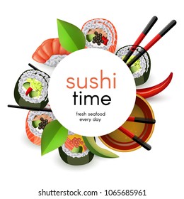 Japanese sushi banner with rolls and ebi nigiri with soy sauce and chopsticks isolated on white background - realistic asian seafood restaurant template with copy space. Vector illustration.