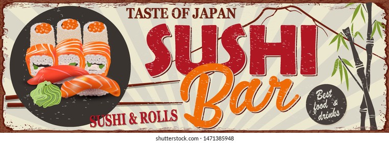 Japanese sushi bar metal sign.Sushi roll vintage poster.