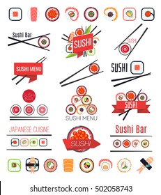 Japanese sushi bar or restaurant menu vector. Big set of logotype illustration