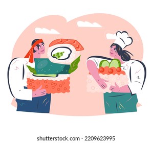 Japanese sushi chefs cartoon characters, flat vector illustration isolated on white background. Japanese seafood sushi restaurant emblem or menu card design element.