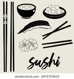 Japanese Sushi and Chopsticks Hand-Drawn Illustration Set