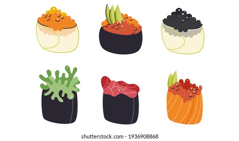 Japanese sushi collection . Sashimi set. Different asian food cartoon clipart.