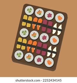 japanese sushi food. Maki ands rolls with tuna, salmon, shrimp, crab and avocado. Top view of assorted sushi. Rainbow sushi roll, uramaki, hosomaki and nigiri. Food illustration, Food Cartoon.