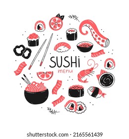 Japanese sushi food round shape. Elements of Asian cuisine in a round shape. Sushi menu concept. Vector food illustration.