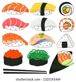 Japanese sushi icons vector. (kawaii sushi cartoon) Include salmon, tuna, shrimp, cooked egg, squid, saba, salmon roe, wakame, cooked rice, temaki and seaweed.