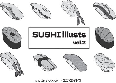 Japanese sushi illustration set vol.1 monochrome