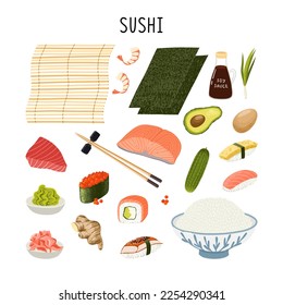 Japanese sushi ingredients vector set. Traditional Asian cuisine. Vector clipart.