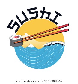 Japanese Sushi logo design. Chopsticks with sushi roll on the background of a big wave and mountain. Oriental food. Vector illustration