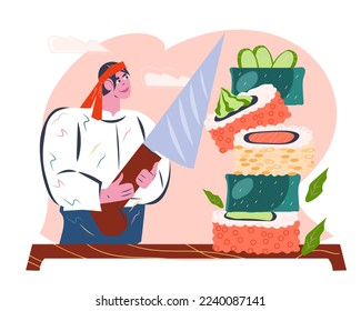 Japanese sushi maker cooking with katana knife, flat vector illustration isolated on white background. Japanese cuisine emblem or label design for prints and posters.