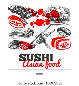 Japanese sushi menu background. Hand drawn sketch illustrations