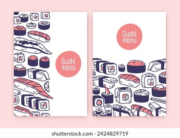 Japanese sushi, menu cover design. Japan food, Asian restaurant, vertical backgrounds, templates. Maki and rolls bar, oriental eastern susi posters, cards for typography. Flat vector illustration