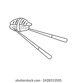 Japanese sushi nigiri in chopsticks in hand drawn doodle style. Asian food for restaurants menu