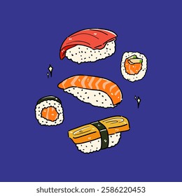 Japanese sushi nigiri sashimi maki illustration with isolated blue background