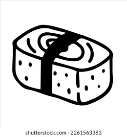 Japanese sushi with omelet and nori. The style of hand-drawn doodles. Asian cuisine in the restaurant menu. Logo, clipart, sketch.