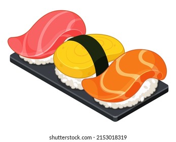 Japanese sushi on black platter boards (Sushi rice) illustration vector. (salmon, mackerel, and sweet egg)