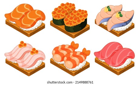 Japanese sushi on wooden platter boards (Sushi rice) illustration vector. (fish, salmon, mackerel,  squid, octopus, prawn, shrimp, tuna, salmon caviar)